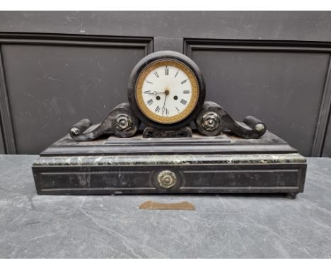 A large late 19th century slate and marble mantel clock,&nbsp;64cm wide. 