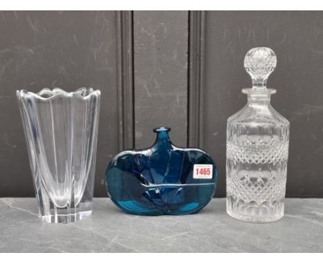 A Mdina blue glass vase, 14cm high; together with an Orrefors clear glass vase, 20cm high; and an old cut glass decanter and 