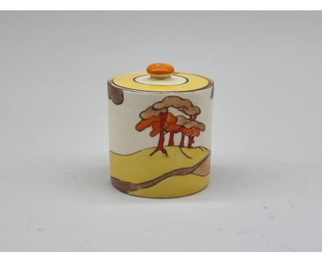A Clarice Cliff 'Coral Firs' pattern preserve pot and cover,&nbsp;7.5cm high. 
