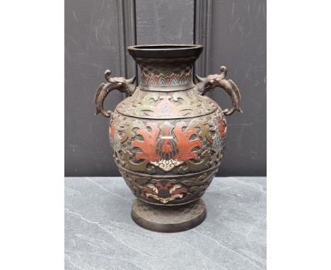 A Chinese bronze and champleve enamel twin handled vase,&nbsp;24cm high. 