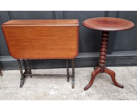 An Edwardian mahogany Sutherland table, 68.5cm wide; together with a Victorian mahogany tripod table table, 45cm diameter; an