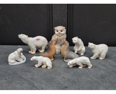 Two Royal Copenhagen Seals; together with three Bing &amp; Grondahl Polar Bears; three Lladro Polar Bears; and a Nao Owl, 17c