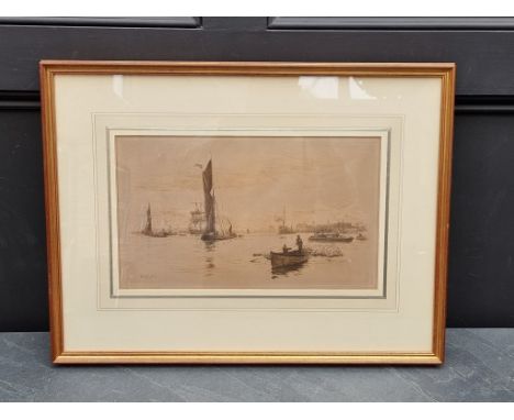 William Lionel Wyllie,&nbsp;'The Thames off Greenwich', signed in pencil, sepia etching, pl.21.5 x 38cm.&nbsp; 