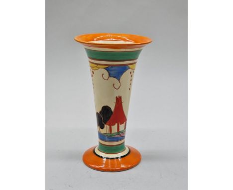 A Clarice Cliff 'Summer House' pattern vase,&nbsp;shape 279, 20.5cm high, (flaked chip to foot rim). 