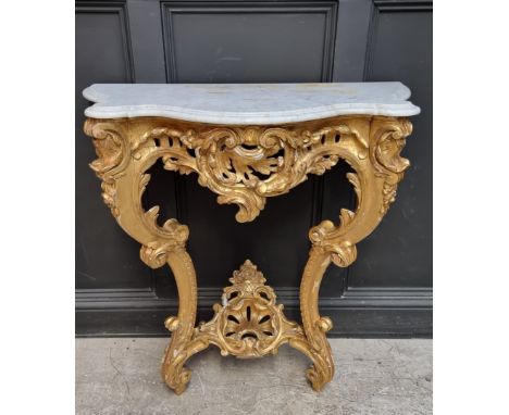 A 19th century, Louis XV style, carved giltwood and marble top console table,&nbsp;97cm high x 96.5cm wide, (repairs to marbl