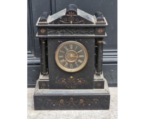 A late 19th century slate mantel clock, 40cm high, (lacking pendulum). 
