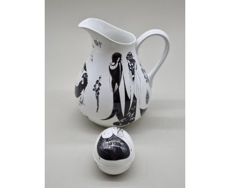 A Poole 'Beardsley Collection' jug,&nbsp;21.5cm high; together with a matching egg form box and cover, 10cm long. (2) 