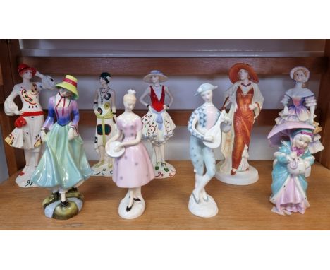 Six Royal Doulton figures;&nbsp;together with three Royal Worcester figures from 'The Pizzazz Collection'. (9) 