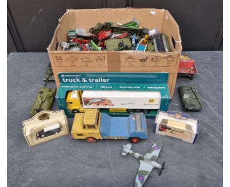 Diecast:&nbsp;a large box of diecast vehicles, to include military, heavy goods, aircraft, cars and vans, various ages and pl