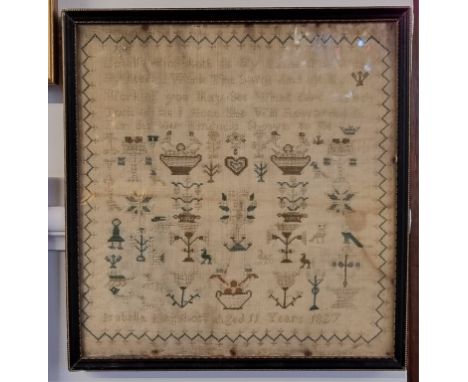 Two 19th century needlework samplers, the first&nbsp;inscribed 'Isabella Kingshott, Aged 11 years, 1827', 32 x 30cm, the seco