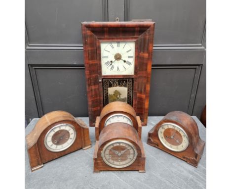 Four 1920s mantel clocks; together with a 19th century American wall clock; and an aneroid barometer. (6) 