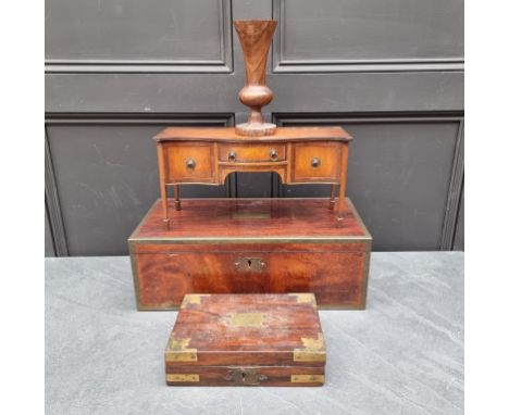 An old miniature mahogany novelty sideboard caddy,&nbsp;40cm wide; together a brass bound writing slope; and two others. (4) 