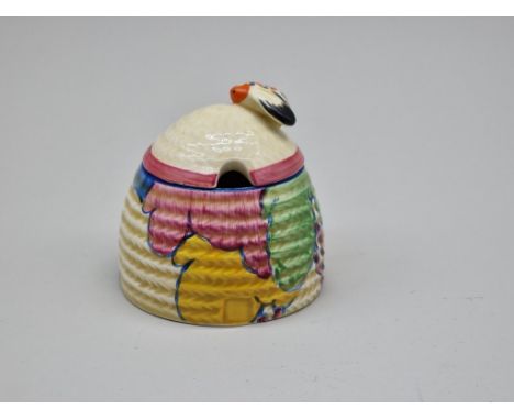 A Clarice Cliff 'Blue Chintz' pattern beehive preserve pot and cover,&nbsp;7cm high. 