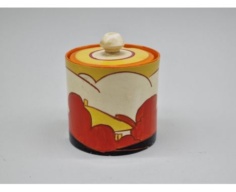 A Clarice Cliff 'Autumn' pattern preserve pot and cover,&nbsp;9cm high. 