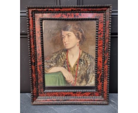 P.L.,&nbsp;bust length portrait of 'Marion Lindsay Tower, ano 1916', monogramed and dated 19?, watercolour, 38 x 30cm, in a t