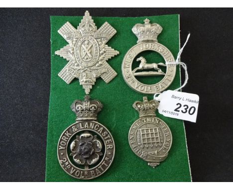 MILITARY CAP BADGES INCL 9TH VOLUNTEER BATTALION HIGHLAND LIGHT INFANTRY GLASGOW HIGHLANDERS (LUGS), 2ND VOLUNTEER BATTALION 