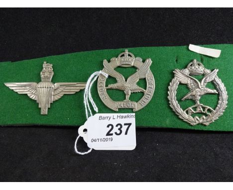 MILITARY CAP BADGES INCL GLIDER PILOT REGIMENT (SLIDER), ARMY AIR CORPS (SLIDER) AND PARACHUTE REGIMENT (LUGS) (3) 