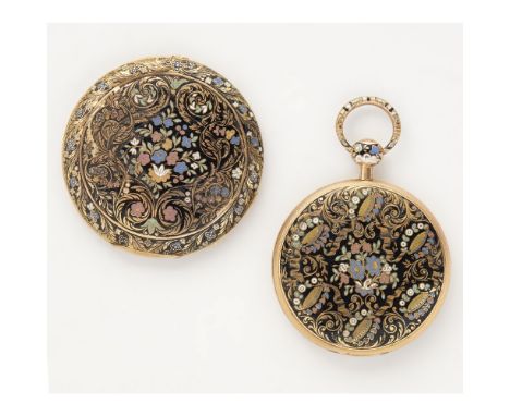 A gold and enamel pair cased slimline pocket watch, Breguetthe outer case with enamelled decoration of floral sprays on a bla