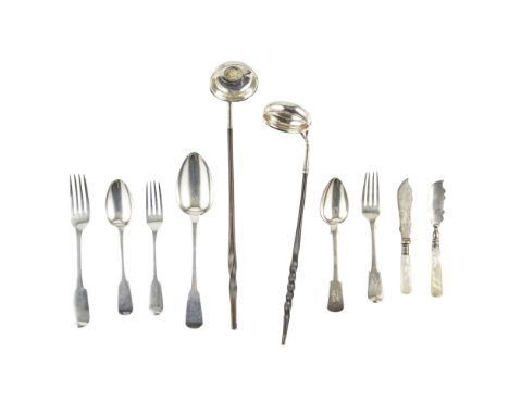 A composite suite of silver flatwaremainly early 19th century, various makers and dates, comprising: twelve dessert forks, el