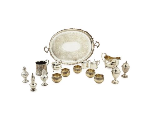 A collection of silverto include; an oval white metal gallery tray, apparently unmarked, scrolling cast border and handles, c