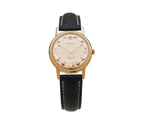 A gentleman's 18ct gold cased wrist watch, LonginesConquest, plain rose gold case, screw off back with enamel sky, brushed an