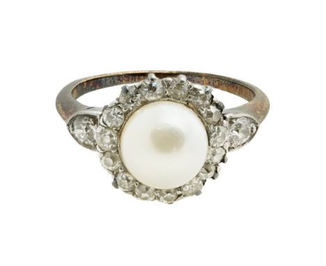 A pearl and diamond set cluster ringset with a half pearl in a single border of eight cut diamonds, each shoulder set with a 