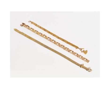 A collection of three braceletsto include a mesh link bracelet modelled as a belt and buckle, stamped 9ct; a 9ct gold gate li