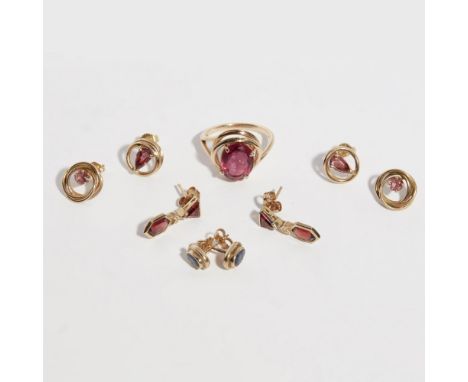 A collection of jewelleryto include a pink tourmaline set ring, stamped 14k, two pairs of tourmaline set earrings; a pair of 