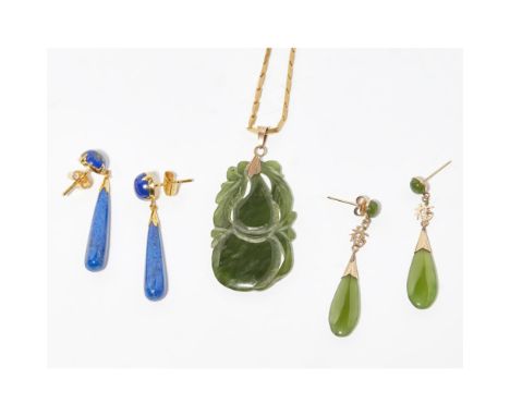 A carved jade set pendantcarved as a gourd, to a facetted link yellow metal necklace, unmarked; together with a pair of jade 