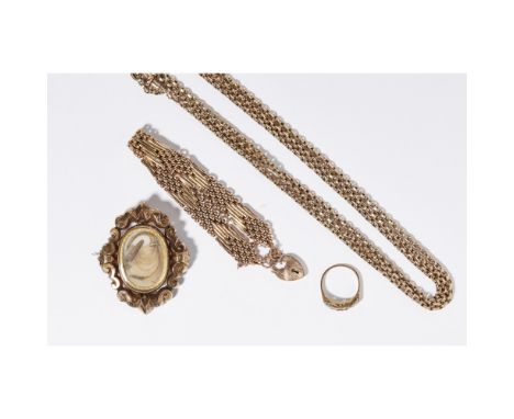 A collection of jewelleryto include a 9ct gold gate link bracelet with padlock clasp; a muff chain stamped 9ct, a Victorian m