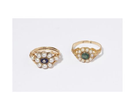 Two pearl set cluster ringsthe first with a central blue enamel panel and small rose cut diamond detail, in a border of half 