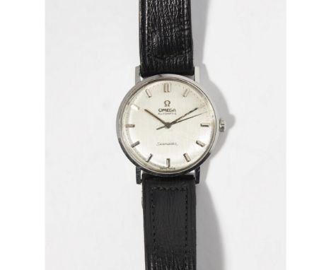 A gentleman's stainless steel cased wrist watch, OmegaSeamaster, plain polished case, matt finish silvered dial, baton indica