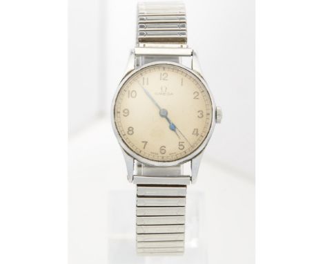 A military issue gentleman's wrist watch, Omegacream dial, Arabic numerals, sweep second hand, plain stainless steel case, la