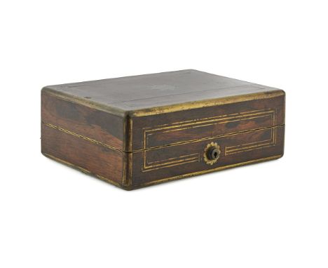 A Victorian silver mounted dressing set in brass bound casethe case of rounded rectangular form, fitted interior with mirror,