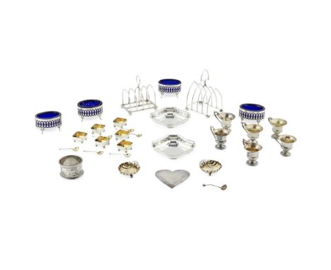 A collection of silverto include: a cased set of salts and spoons, HA London 1890; two small toast racks, a set of four Frenc