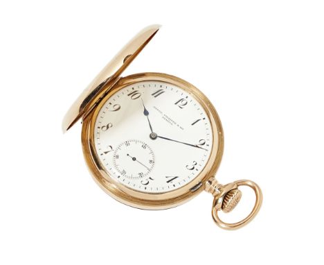 A gentleman's 18ct gold pocket watch, Patek Philippe & Cocirca 1902, the outer hunting case with engraved monogram, white dia