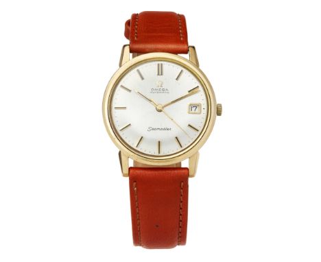 A gentleman's 9ct gold cased wrist watch, OmegaSeamaster, brushed silvered dial, baton indicators, date aperture, sweep secon
