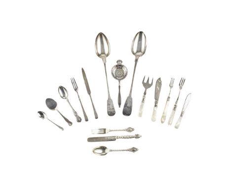 A collection of miscellaneous flatwareto include a cased Victorian christening set, a Georgian basting spoon, William Eley, W