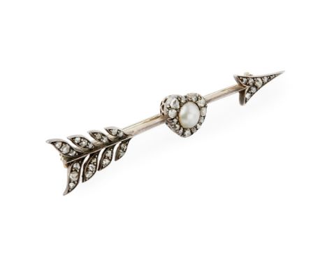 A pearl and diamond set bar broochmodelled as an arrow with applied heart motif, set throughout with rose cut diamonds and ce
