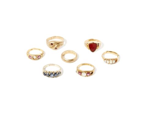 A collection of gem set ringsto include an 18ct gold seal ring, an 18ct gold opal set ring; an 18ct gold ruby set ring (one s