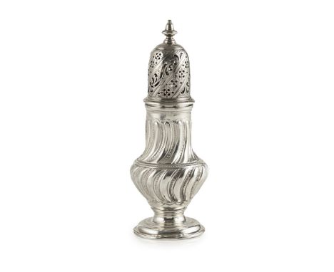 A George II muffineerpossibly Samuel Whitford I, London 1757, of baluster form, the body fluted with beading detail, vacant c