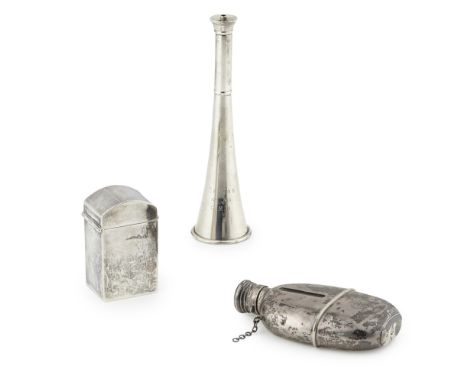 A Silver hip flaskTJ, London 1868, glass body, full sleeve, removable cup engraved monogram, screw down lid; together with a 