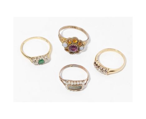 A collection of gem set ringsto include an 18ct gold emerald and diamond set ring, an 18ct gold five stone diamond set ring; 