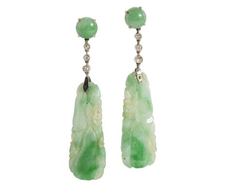 A pair of jade and diamond set pendant earringseach claw set with a circular jade cabochon, suspending three millegrain old r