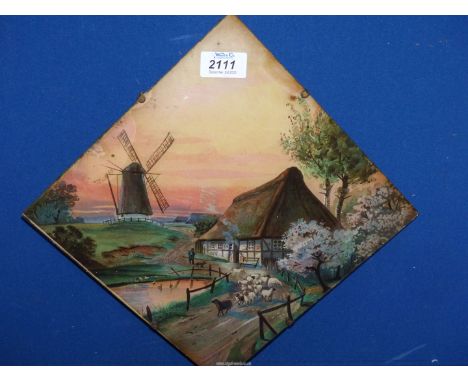 A diamond shaped lithograph depicting a cottage by a duck pond with a shepherd and dog working sheep with a windmill in the b