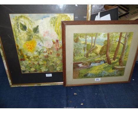 A framed watercolour of a woodland scene with a stream running along side a path leading to a gate, signed lower right 'H. Se