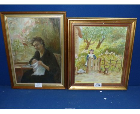 A small framed oil on board of a young girl and dog by a gate, signed 'S. Shaw' lower left, along with an oil on board of a l