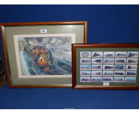 A framed and mounted print titled 'Chariots of Fire' by W. Gilmour 81, along with a set of framed reproduction Railway Engine