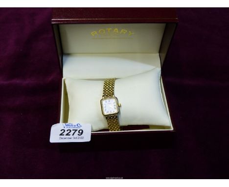 A ladies Rotary gold plated watch with a 7" strap in original box, one small link missing at point where strap meets face.