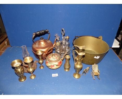 A quantity of mixed metals including brass pan, plated items, small oil lamp, oriental brass vases, etc.